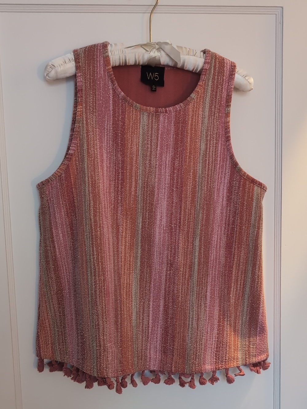 Anthropologie Pink Multicolor Metallic-Thread Tassel Tank